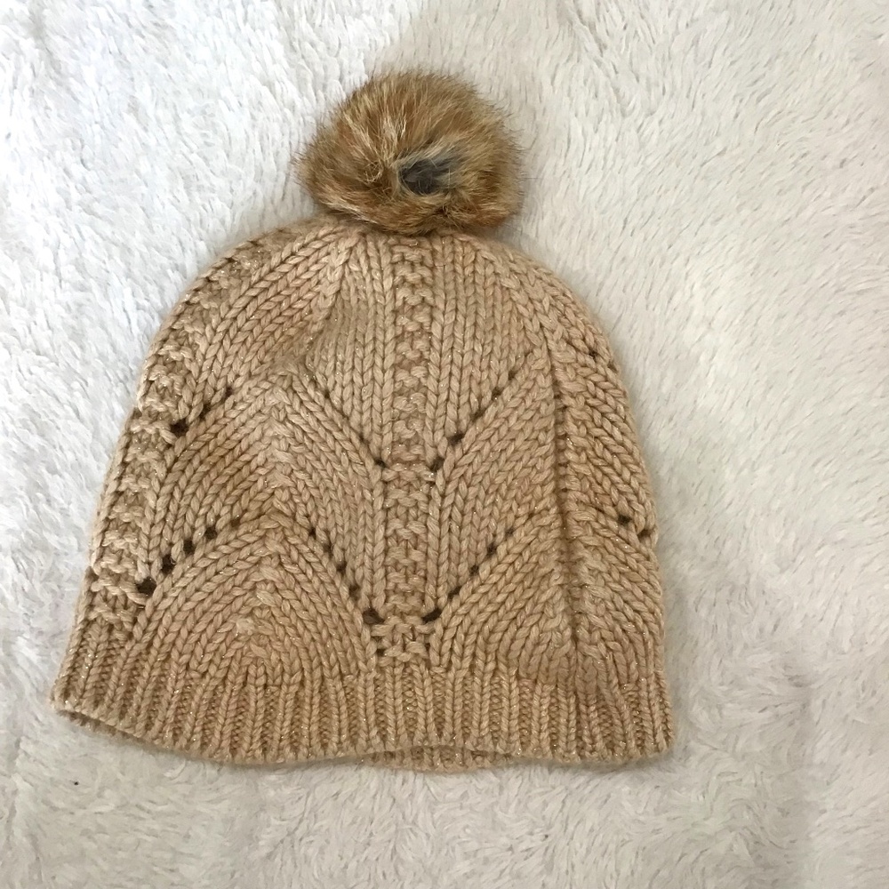 ECHO Women OS Beige Metallic Pom Pom Angora Wool Cashmere Beanie Hat Warmth
